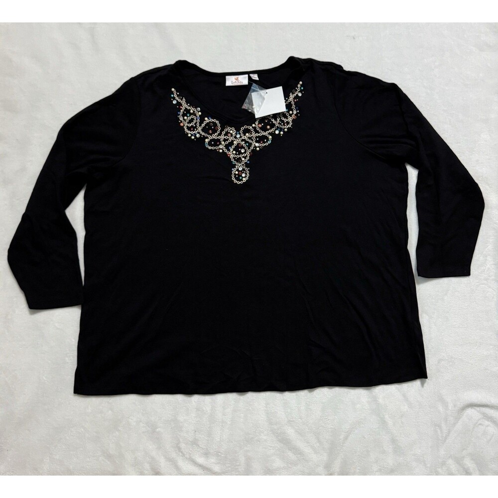 Quacker Factory Women Rhinestone Embellished 3/4 Sleeve Blouse 3X